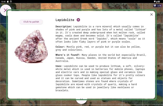 Image of the rocks and crystals app in action