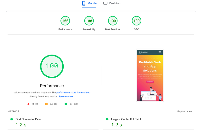 Image of pendigital.co.uk Page Speed Insights analysis