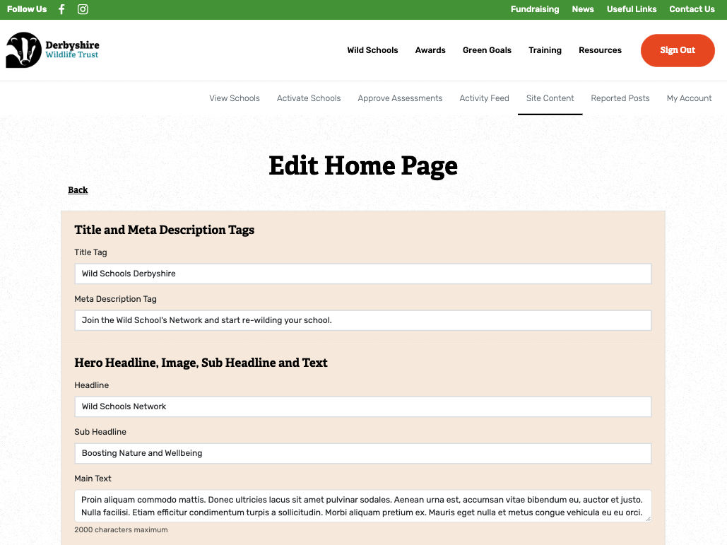 editing the homepage in the custom CMS